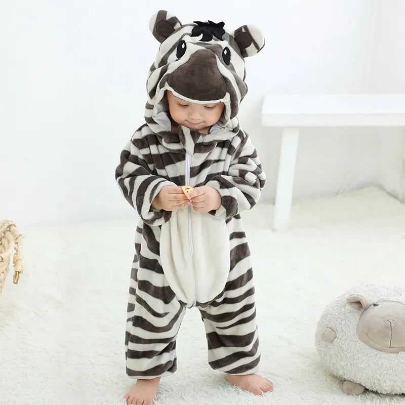 Winter Flannel Hooded Jumpsuits: Cute Animal-themed Rompers for Kids 0-6 Years