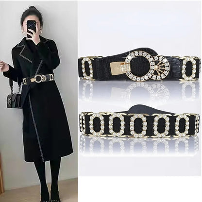 Crystal Rhinestone Belt Ladies Elastic Waistband Handmade Decorative Wide Belt for Dress Coat Wedding Party Clothing Accessories