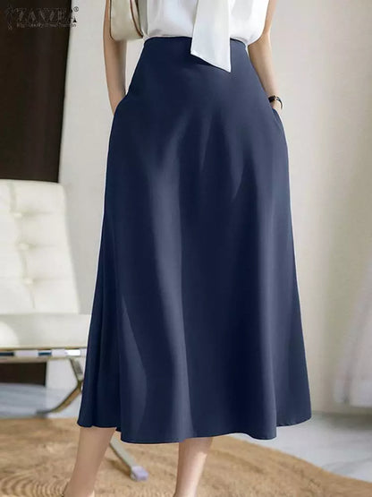 ZANZEA 2023 Fashion Autumn High Waist Skirt Elegant Women Office Lady Satin A-line Midi Skirts Summer Solid Faldas Saia Jupe