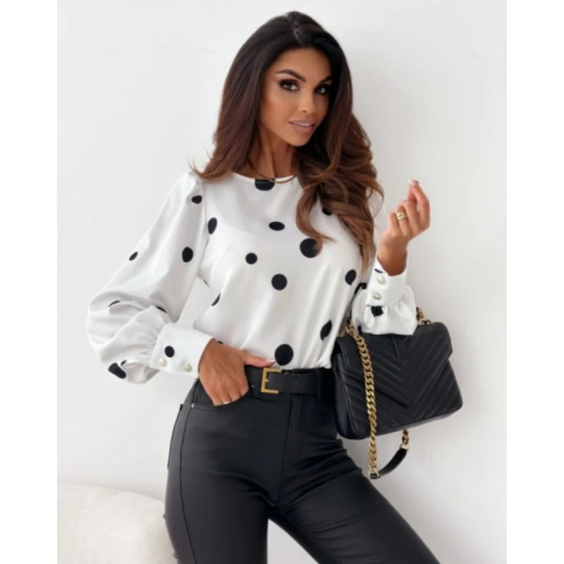 Women's Autumn Long Sleeve Printed Shirt 2023 New Fashion Round Neck Women Tops Elegant Office Ladies Blouse S-2XL