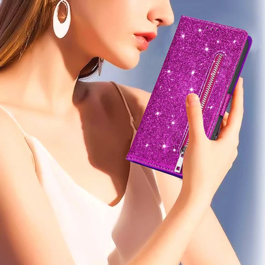 Wallet Glitter Flip Leather Case For Xiaomi Redmi 12C 10C 9A 9C 9T Note 12S 12 Pro 11S 11 Pro 10 Pro 9 8 7 Poco X5 Pro 11T 12T