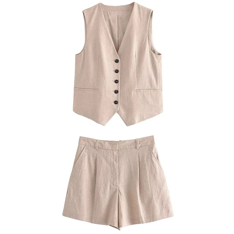 TRAFZA Women Elegant Solid Button Sleeveless Linen Shorts Set Vintage Casual V Neck Chic Vest Set 2023 Women's Office Lady Suit