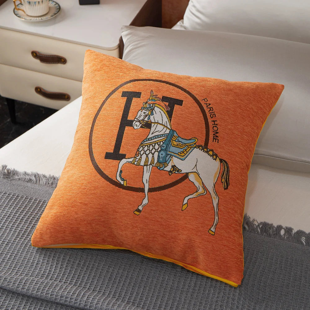 Chenille Cushion Cover 45*45cm Horse Embroidered Jacquard Pillow Case Home Decorative Letter Pillowcase Office Sofa Pillow Cover