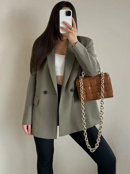 2023 Women Double Breasted Blazer Office Lady Loose Classic Coat Suit Jacket Female Chic Outwear Outfits Veste Femme