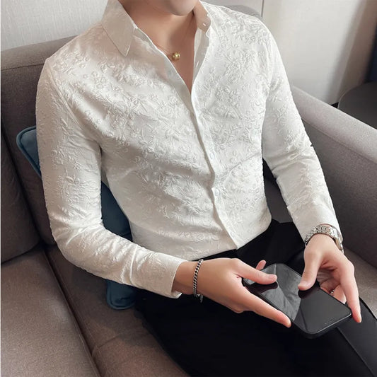 Luxury Vintage Jacquard Shirt 2023 Spring Long Sleeve Slim Fit Casual Tuxedo Fashion Man Wedding social Shirts Plus Size 4XL-M