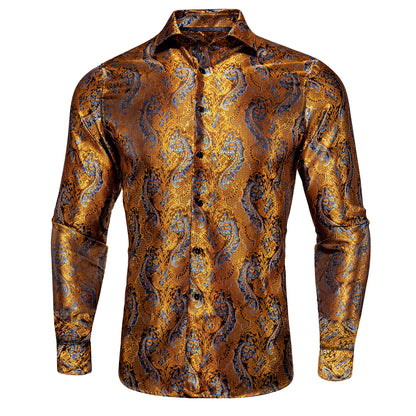 Hi-Tie Long Sleeve Silk Shirts for Men Suit Dress Outwear Male Slim Jacquard Wedding Floral Paisley Gold Blue Red High Quality