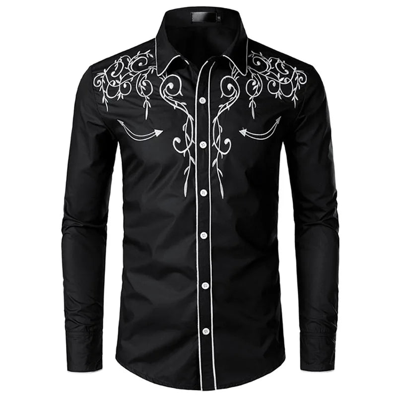 Western Cowboy Embroidery Shirts Men Casual Long Sleeve Slim Fit Shirt Male Wedding Party Social Men's Club Prom Chemise Homme