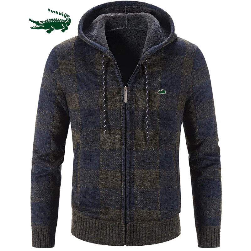 2023 Men Sweater Jacket Fashion Winter Coat Fleece Hoodies High Quality Luxury Checkered Hooded Knit Cardigan Male Outer Wear