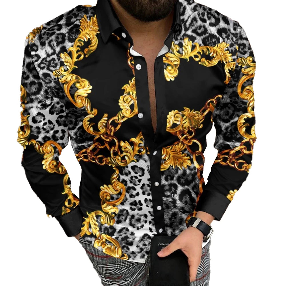 Mens Casual Baroque Vintage Printed Long Sleeve Shirt Muscle Fitness Button Down T-Shirt Party T Dress Up Male Elegant Tee Tops