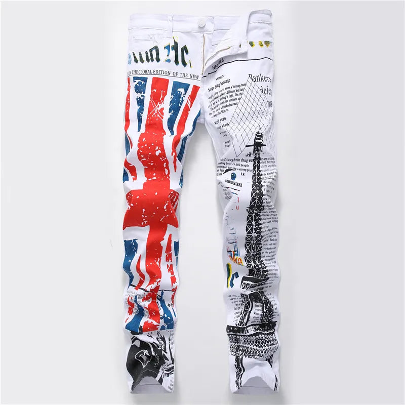 2022 fashion stylish cool mens pants jeans with print graffiti painted denim slim fit white jeans men hip hop rock street wear - MAGNET MARKET