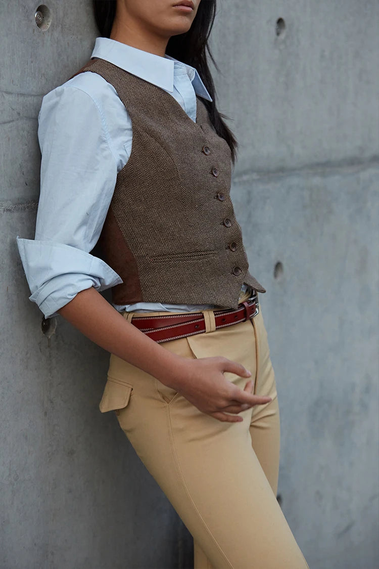 Women's Suit Vest Herringbone V-Neck Wool Sleeveless Jacket Formal Waistcoat Fashion Vests for Lady