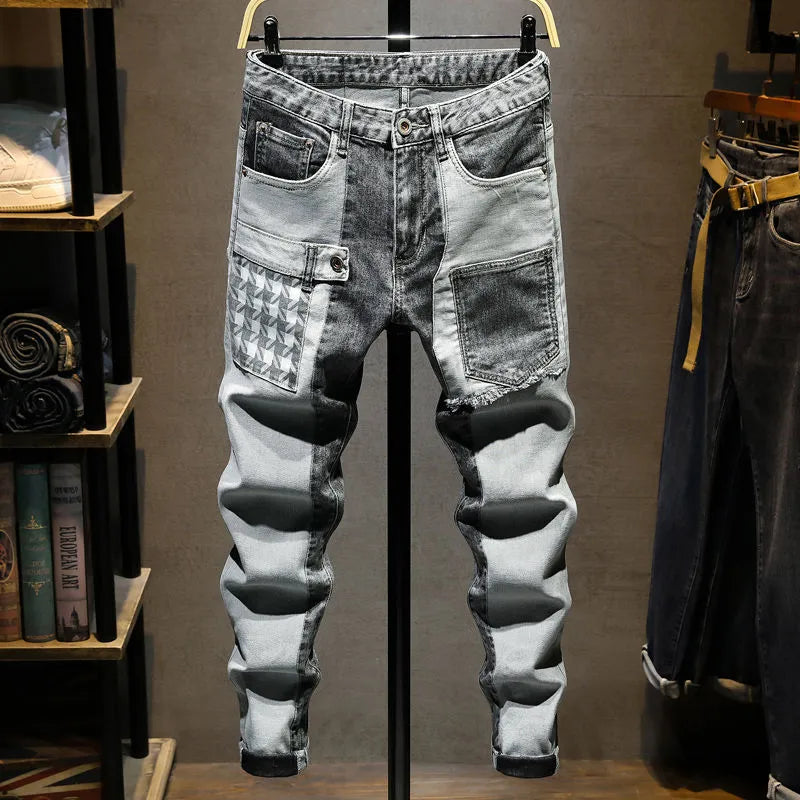 New Spring Autumn Korean Style Cargo Kpop Designer Streetwear 90s Slim Cowboy Grey Stretch Work Wear Splice Long Pants Man - MAGNET MARKET