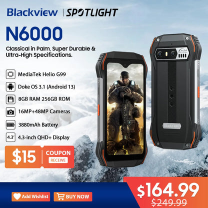 [World Premiere]Blackview N6000 Rugged Smartphone, Android 13 G99 Mobile Phone, 16GB 256GB 4.3''Display, 48MP Cameras Cellphones