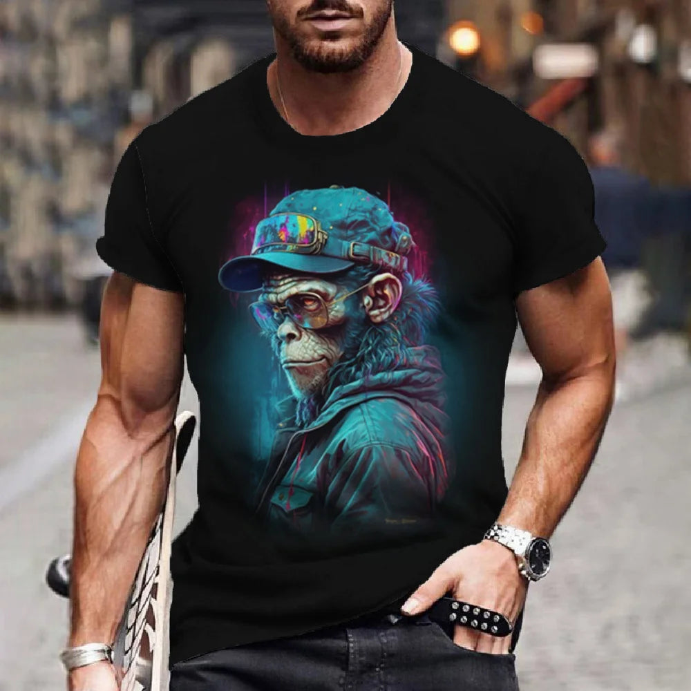 Men's T-Shirt Hip Hop Monkey Print Shirts O-Neck T Shirt Summer Male Tops Short Sleeve Casual Man Tees Oversized Animal Clothing