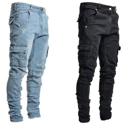 Jeans Men Pants Wash Solid Color Multi Pockets Denim Mid Waist Cargo Jeans Plus Size Fahsion Casual Trousers Male Daily Wear - MAGNET MARKET