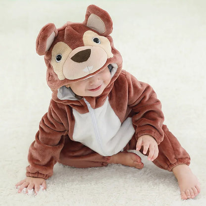 Winter Flannel Hooded Jumpsuits: Cute Animal-themed Rompers for Kids 0-6 Years