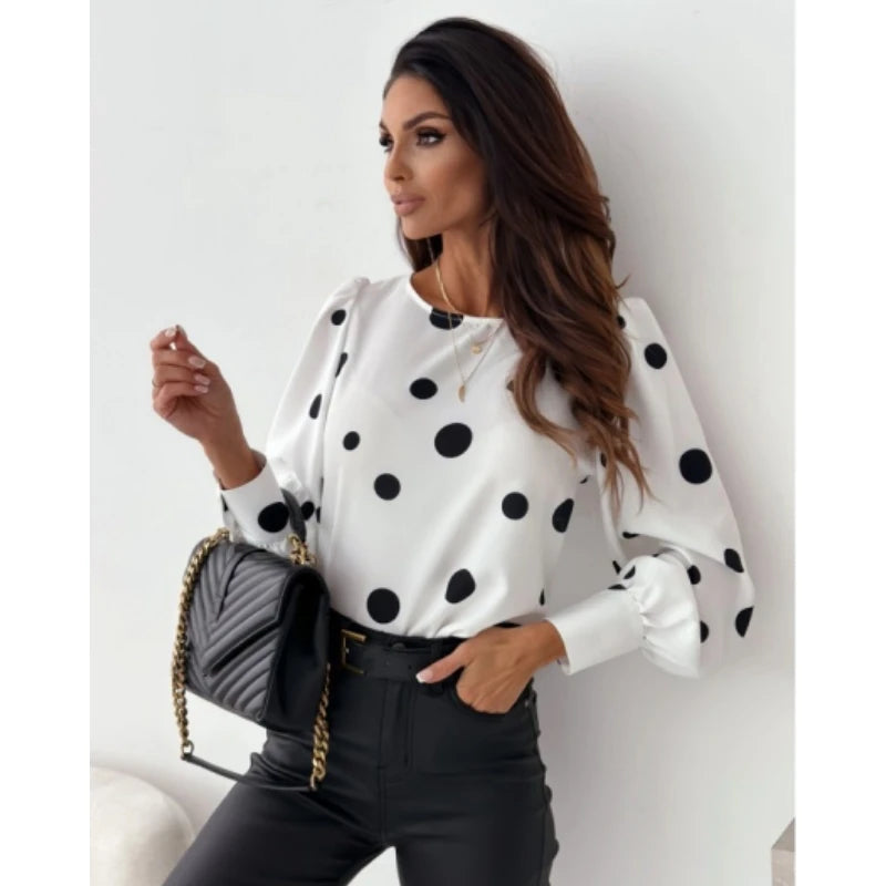 Women's Autumn Long Sleeve Printed Shirt 2023 New Fashion Round Neck Women Tops Elegant Office Ladies Blouse S-2XL