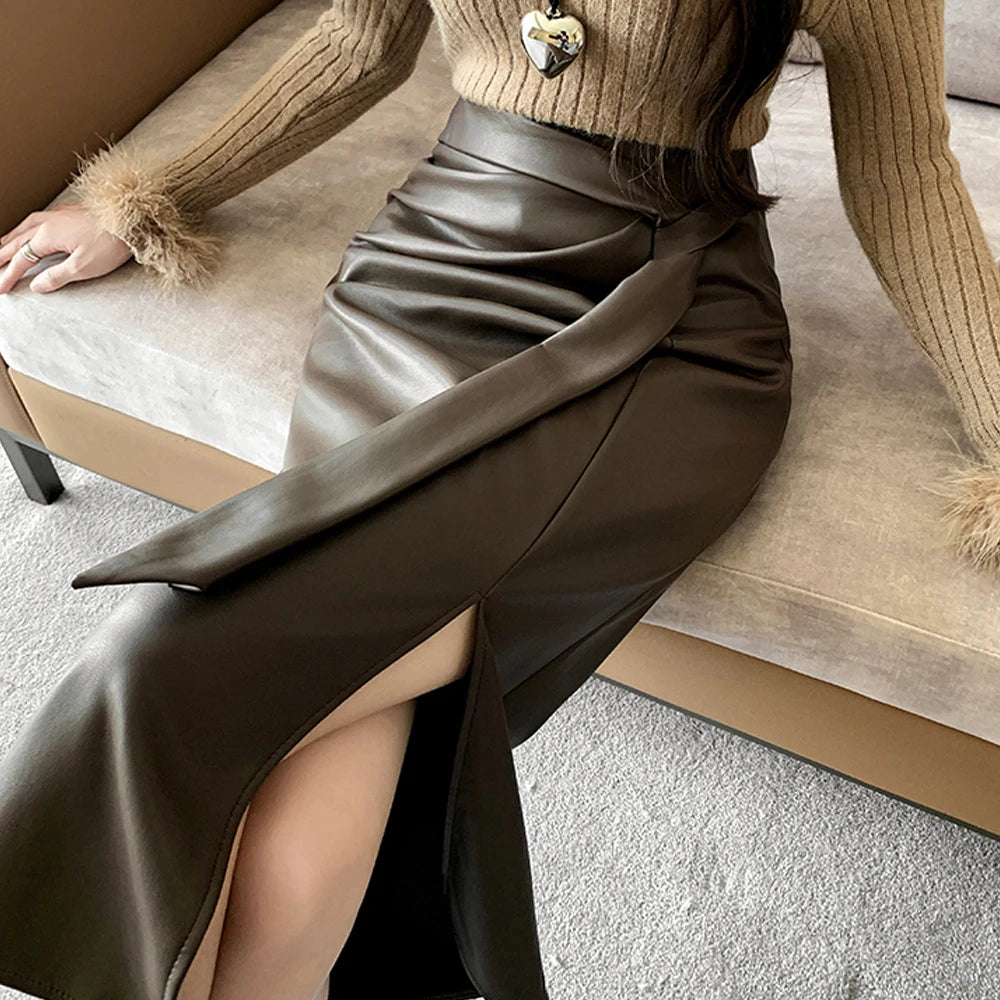 Elegant Skirt Office Lady Fashion Ruched Sashes High Waist PU Leather Midi Skirts Women Casual Autumn Winter Bottom 2024 New