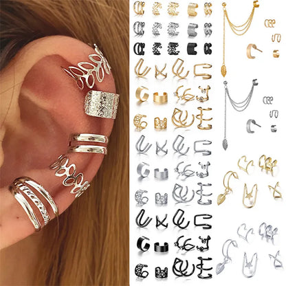 Silver Color Leaves Clip Earrings for Women Men Creative Simple C Ear Cuff Non-Piercing Ear Ear Clip Set Trend Jewelry Gift