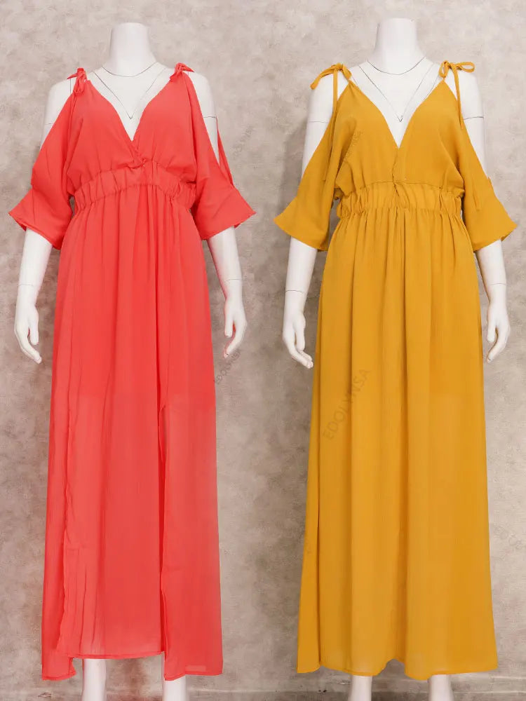 Boho Chiffon V-Neck Off Shoulder Sleeve Slit Tunic Dress Women 2023 Summer Elegant Solid Color Beach Wear Maxi Dresses A1445