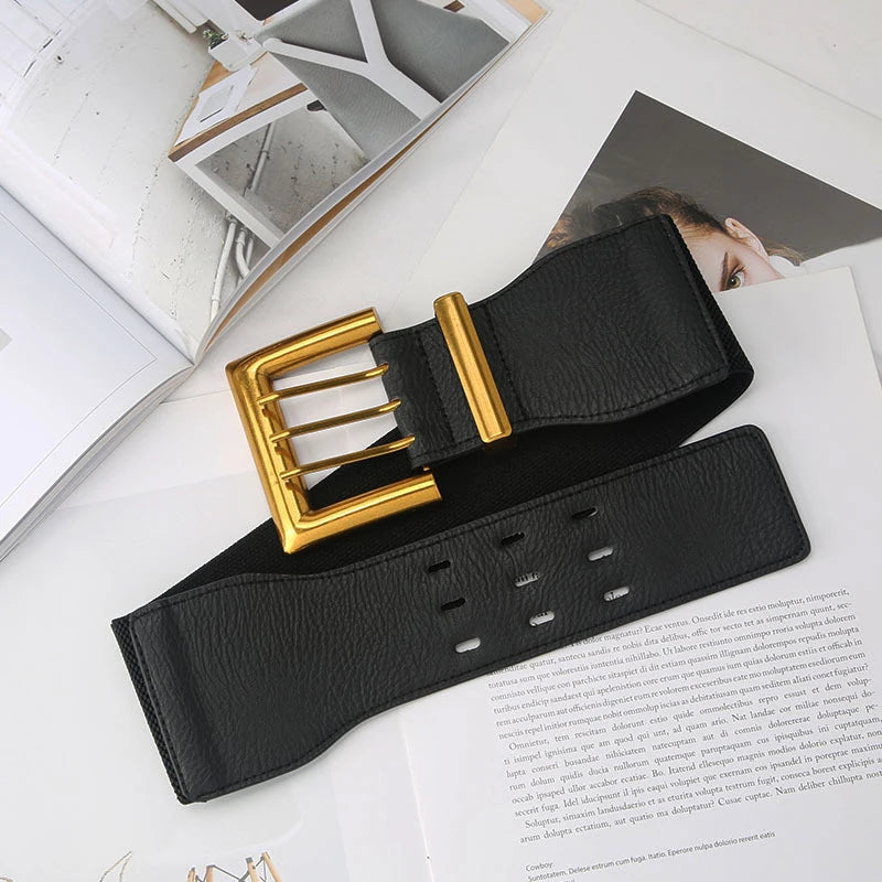 2022 Fashion Elastic Women's Belt Golden Buckle Wide Waist Belt Dress Coat Luxury Brand Waistbands Waist Seal Stretch Cummerband