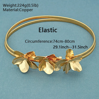 Fashion Copper Flower Belts for Women Accessories Party Gold Color Elastic Metal Luxury Trendy Dress Rhinestone Belt Prom Gift