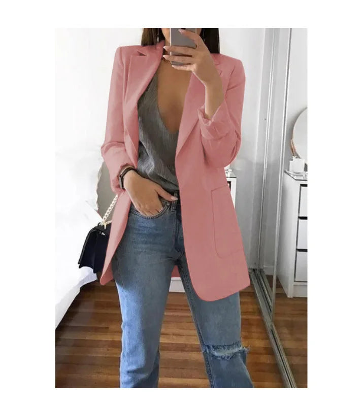 Autumn And Winter Women's Fashion Solid Color Polo Neck Slim Fit Coat Elegant Women's Long Sleeve Pocket Casual Suit Coat S-5XL