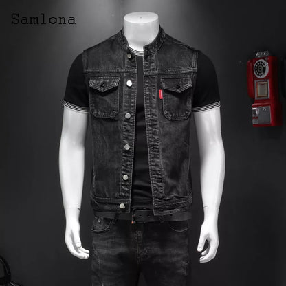 Samlona Mens Fashion Leisure Demin Vest Spliced Retro Jean Outerwear 2022 European and American style Autumn Zip up Deim Jackets - MAGNET MARKET