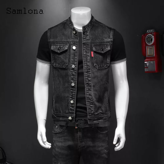 Samlona Mens Fashion Leisure Demin Vest Spliced Retro Jean Outerwear 2022 European and American style Autumn Zip up Deim Jackets - MAGNET MARKET