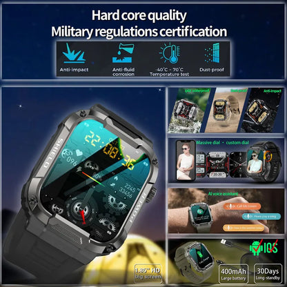 Rugged Military Smart Watch Men For Xiaomi Android Ios Ftiness Watches Ip68 Waterproof 1.85'' Bluetooth Call Smartwatch 2023 New