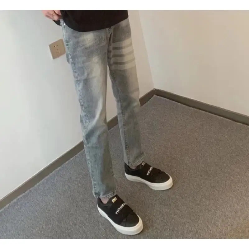 New Spring Autumn Korean Fashion Work Wear Denim Hip-hop Four Bars Printing Slim Classic Jeans Men's Luxury Jeans Trousers - MAGNET MARKET