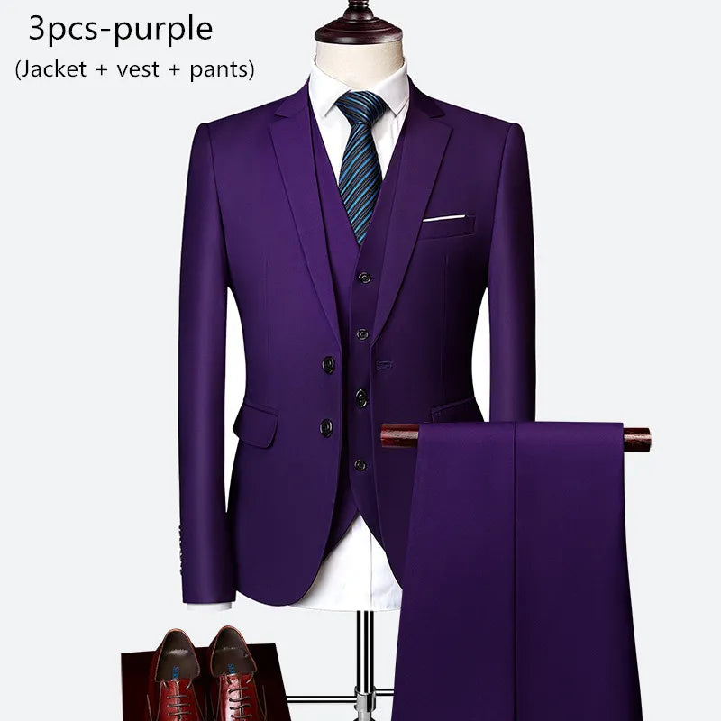 Luxury 3 piece men's wedding suit fashion men's slim solid color business office suit sets large size men Blazer+ pants + vest - MAGNET MARKET