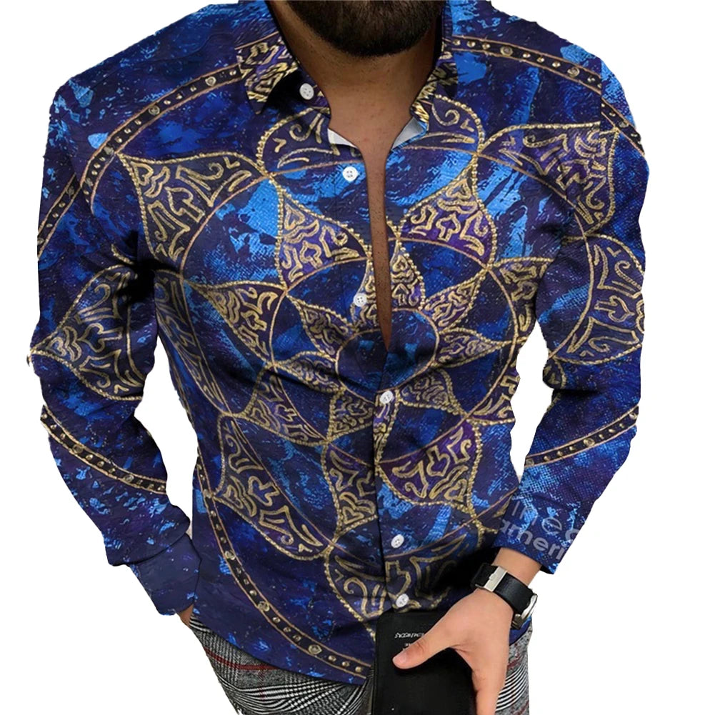 Mens Casual Baroque Vintage Printed Long Sleeve Shirt Muscle Fitness Button Down T-Shirt Party T Dress Up Male Elegant Tee Tops