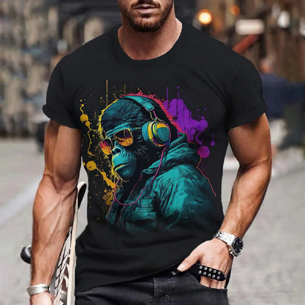 Men's T-Shirt Hip Hop Monkey Print Shirts O-Neck T Shirt Summer Male Tops Short Sleeve Casual Man Tees Oversized Animal Clothing