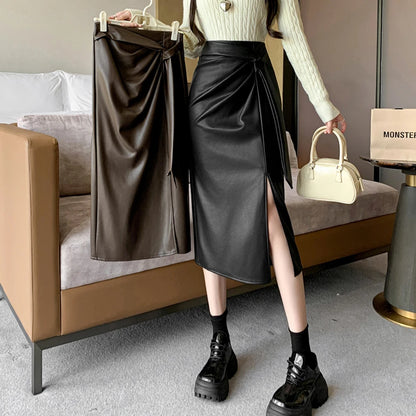 Elegant Skirt Office Lady Fashion Ruched Sashes High Waist PU Leather Midi Skirts Women Casual Autumn Winter Bottom 2024 New