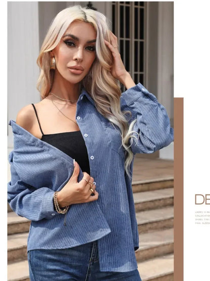 2024 Spring New Casual Corduroy Shirt Women Office Lady Shirts Fashion Female Long Sleeve Loose Solid Blouse Top S-XL Streetwear