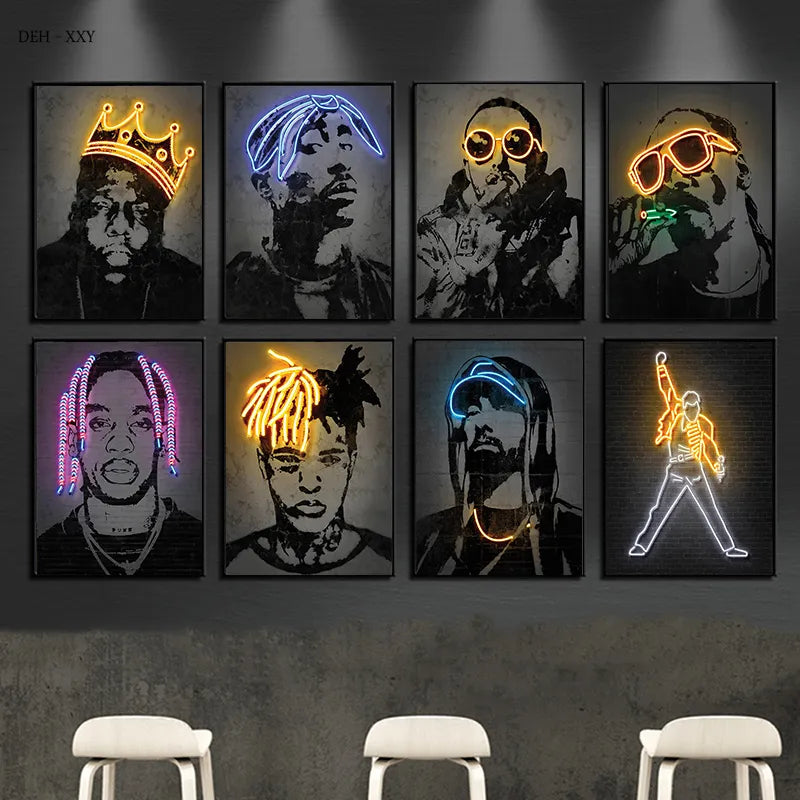 Abstract Neon Design Rapper Star Posters 2Pac Hip Hop Singers Wall Art Pictures Graffiti Canvas Painting Home Room Bar Decor