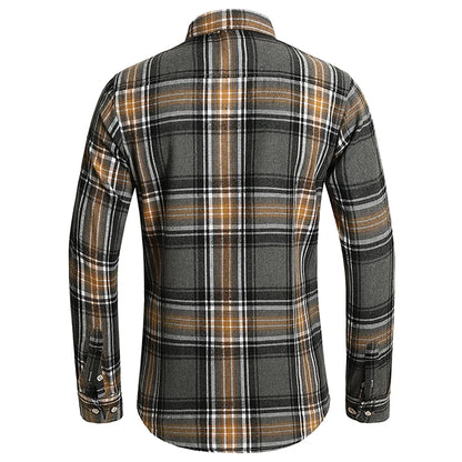 Plaid Shirt Autumn Men Long Sleeve Vinatge Orange Double Pocket Camisas Social Business Button Shirts Mens Elegant Streetwear