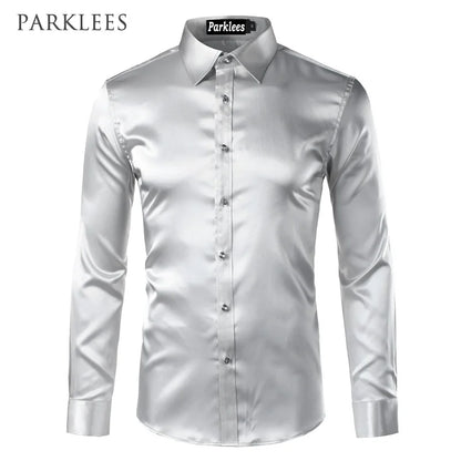 Silk Shirt Men 2022 Satin Smooth Men Solid Tuxedo Shirt Business Chemise Homme Casual Slim Fit Shiny Gold Wedding Dress Shirts