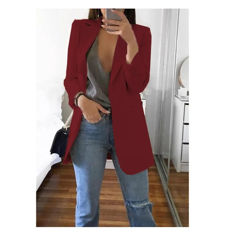 Autumn And Winter Women's Fashion Solid Color Polo Neck Slim Fit Coat Elegant Women's Long Sleeve Pocket Casual Suit Coat S-5XL