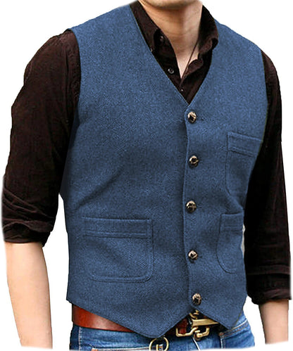 Men's Suit Formal V Neck Wool Herringbone Tweed Casual Waistcoat Formal Business Vest Groomman For Wedding Green/Black/Brown - MAGNET MARKET