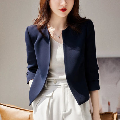 Women Fashion Blazer Korean Simple O Neck Coat Fall Office Lady Elegant Suit Thin Solid Classic Casual Long Sleeve Outerwear