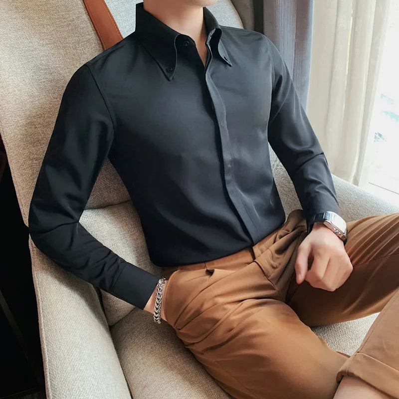 Men New Four Seasons Shirt High-grade Solid Color Elegant All-match Hidden Button Fashion Business Casual Daily Gentleman Shirt