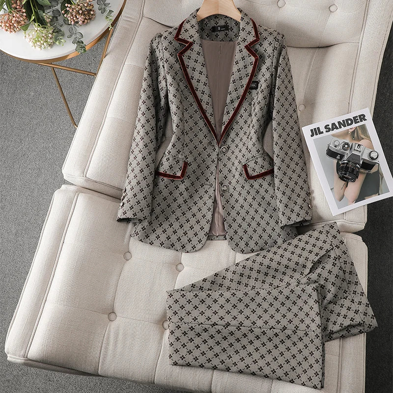 Women's Printed Blazer and Pants Sets, Fashionable Suits, Work Wear, Casual Office Suit, High Quality, Winter, Autumn, 2023