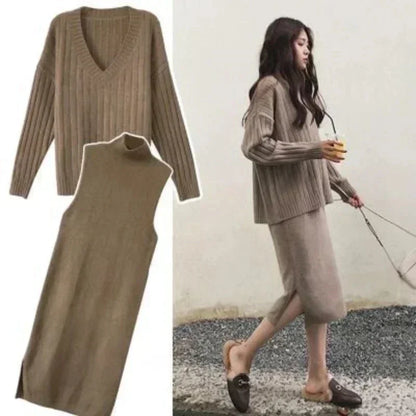 New in Dresses for Women 2024 Autumn Winter Loose Knit Sweater Sleeveless Dress Sets Fashion Women’s Clothing Pullover Dress Set