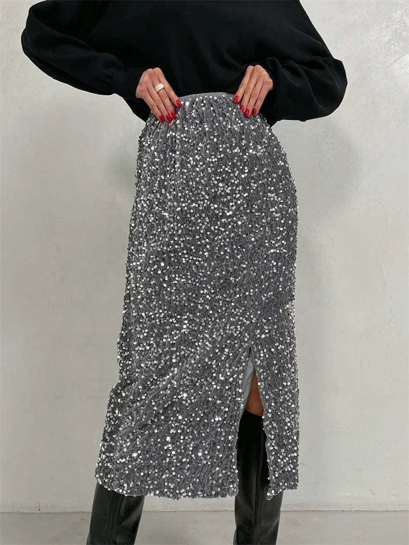 Heavy Industry Silver Black Sequin Halfskirt Autumn Back Split Front Split Straight Barrel Skirt Wrapped Hip Skirt