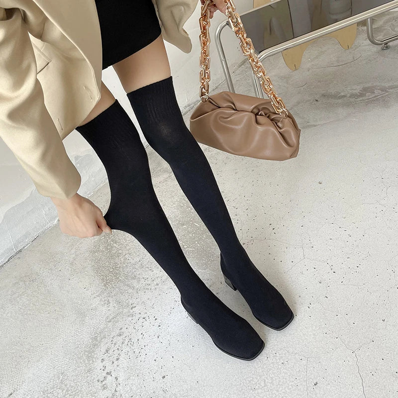 Thigh High Boots Shoes Sock Women's Over-the-knee Elegant Woman Sexy Tights Chunky Heels 2022 Autumn Winter Knitting Long boot