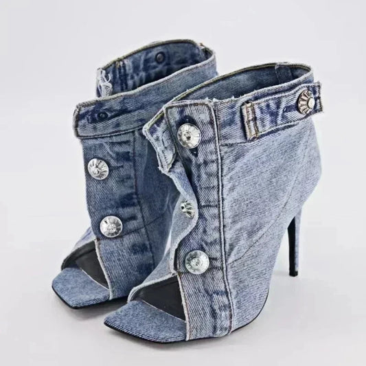 Brand New Fashion Denim Ankle Boots High Heel Sandals for Women 2024 Summer Street Style Square Toe Big Size Shoes 43 Footwear