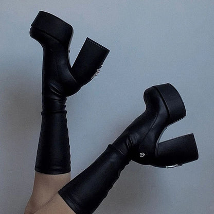 Spring Summer skinny high heels runway Naked Wolfe Spice Black Stretch Knee-High Boots platform metal wolfe head women shoes