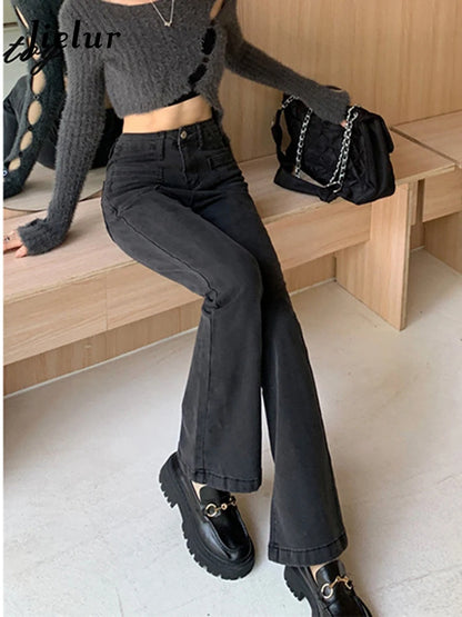 Jielur Black High Waist Flare Jeans Female Autumn Korean New Fashion Retro Loose Denim Pants Lady Straight Jeans Women S-XL